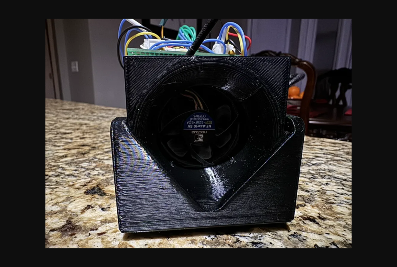 The finished glove dryer prototype — 3D-printed enclosure housing the Noctua fan, sensors, and controller