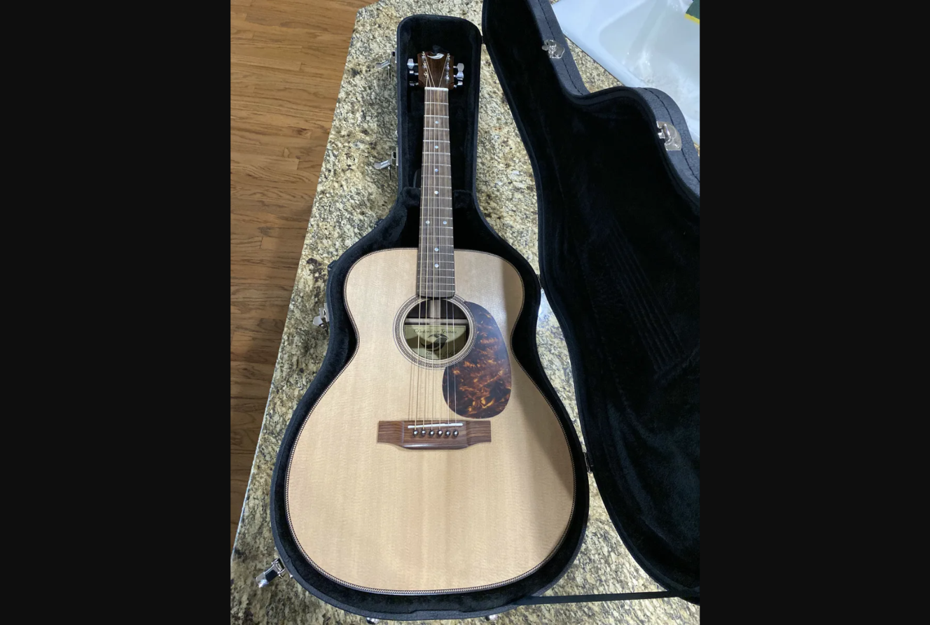 Carlton's third acoustic guitar build — OM-style, spruce top, rosewood back and sides, in its case